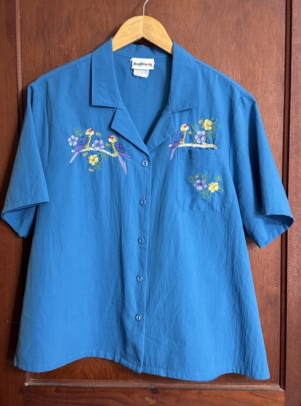 Vintage BonWorth Blue Embroidered Parrot Tropical Blouse L Petite 90s Cottage